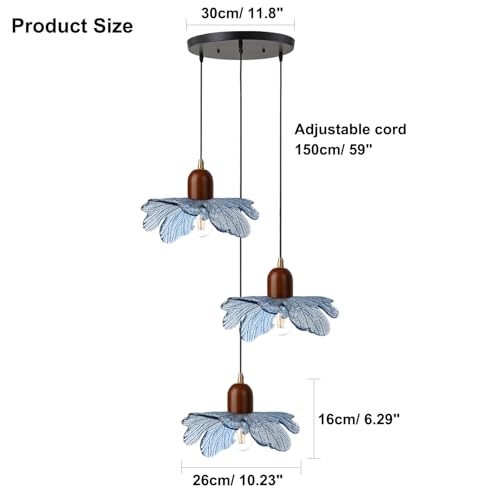 3-Light Blue Floral Pendant Light, Adjustable Hanging Light Fixture | Adjustable 59" Cord, Wood & Glass Construction, Ideal For Kitchen Islands, Dining Rooms, Bedrooms, Living Rooms, Apartments - color: Blue, 3 Lights