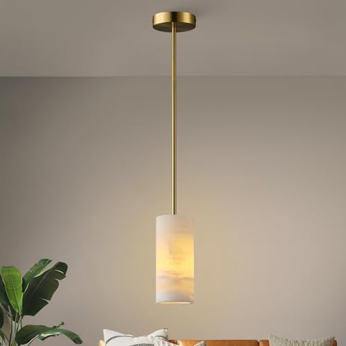 YUYI Alabaster Pendant Light for Kitchen Island, H-9.5in Modern Brass Hanging Light Fixture with Natural Alabaster Stone Shade, Adjustable Pendant Lighting Over Sink, Dining, Bar, Counter - color: 1-Gold, size: 1 Pack