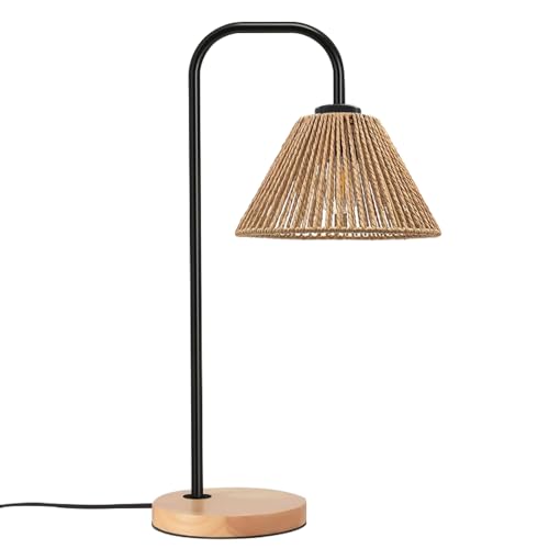 Small Bedside Night Table Lamp for Bedroom, Minimalist Nightstand Lamp with Boho Paper Rattan Shade, Study Reading Desk Lamp for Kids Room, Living Room, College Dorm, Home, Office