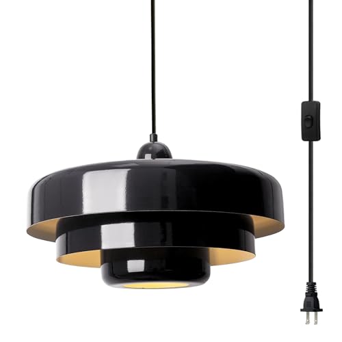 Black Pendant Light with Plug in Cord Modern Pendant Lighting 3-Layer Nordic Style Metal Shade Hanging Light Fixtures Hanging Lamp for Kitchen Island Dining Room Bedroom - color: Standard-Black (13.5in)