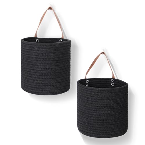 MEGASKET 2 Pack Hanging Basket, Small Wall Baskets for Organizing, Wicker Boho Wall Decor Set, Indoor Hanging Plant Holder, Rattan Woven Storage Bin for Home Decor, Farmhouse Storage Box, Black - color: Black