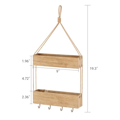 Mkono Macrame Hanging Shelf for Bedside Shelf Organizer with Hooks, Boho Wall Decor Cute Vintage Wood Floating Shelves for Girls Bedroom Dorm Nursery, Wall Storage for Phone, Remote, Accessories