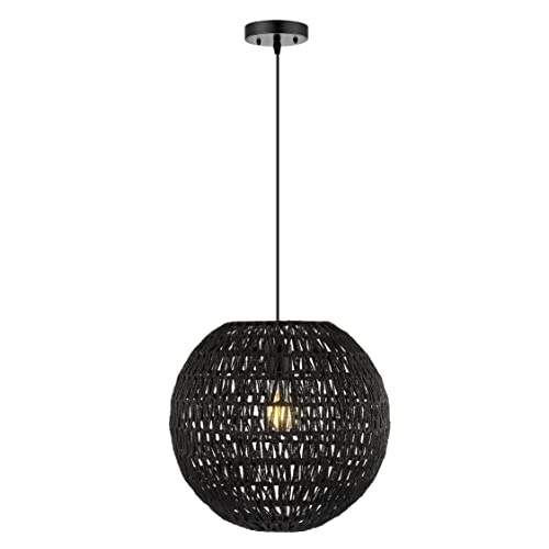 JONATHAN Y 15.75" Black 1-Light Modern Bohemian Woven LED Pendant Light, Adjustable Hanging Ceiling Lamp for Kitchen Island Dining Room, Paper Wicker Shade, Bulb Included (JYL6503C) - color: Black