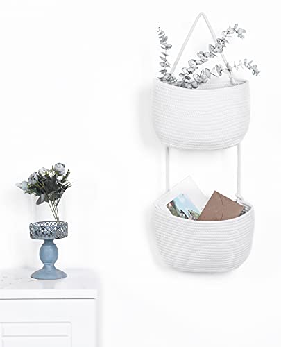 Over The Door Hanging Basket, 2 Tier Cotton Rope Woven Baskets, Magazine Racks, Wall Mount Hanging Storage Baskets,Decorative Door Organizers for Living Room, Bathroom and Bedroom (White) - color: White