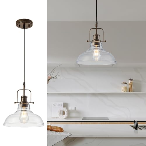 WILON Pendant Lights Kitchen Island Lighting, 11" Rust-Coloured Farmhouse Hanging Light Fixture, Kitchen Pendant Lighting Over Island Clear Glass Shade for Dining Hallway Entryway Bar - color: Rust-Colo