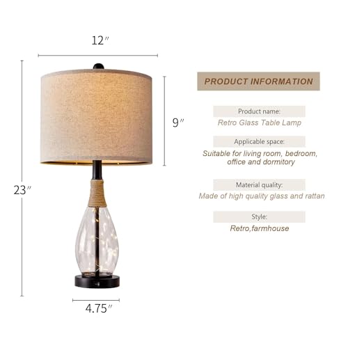 OYEARS Bedside Table Lamp with USB, 23‘’ Black Modern Nightstand Lamps for Bedroom, Retro Rattan Table Lamps for Night Stands, Living Room, Farmhouse Table Lamp with Glass Nightlight Lamps - color: Black