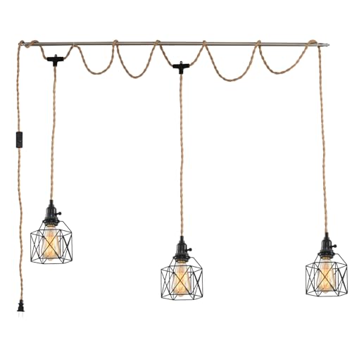 3-Light Hanging Light with Plug in Cord,Plug in Pendant Light 22ft Hemp Rope Pendant Lighting Vintage 3-Light Hanging Lamp Fixtures for Kitchen Island Living Room Bedroom - color: 3 Light 14CM Black Cage
