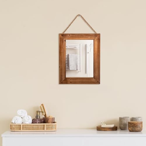 Wall Decorative Mirror 12 x 16 Inch Rust Farmhouse Rectangular Mirrors Wood Frame Mirror with Hanging Hemp Rope for Bedroom, Bathroom, Living Room, Entryway (Brown)