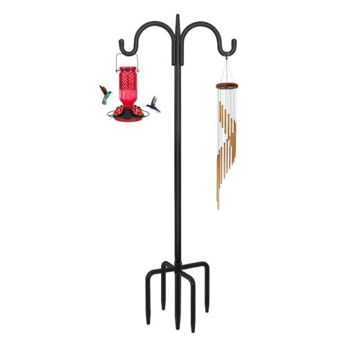 FEED GARDEN Heavy Duty Shepherds Hook 76" Double Hooks Adjustable (44/60/76") - Alloy Steel 5-Prong Base, 17lb Capacity - Easy Assembly Bird Feeder Pole for Hanging Planters, Lanterns, Wind Chimes - size: 76 Inch