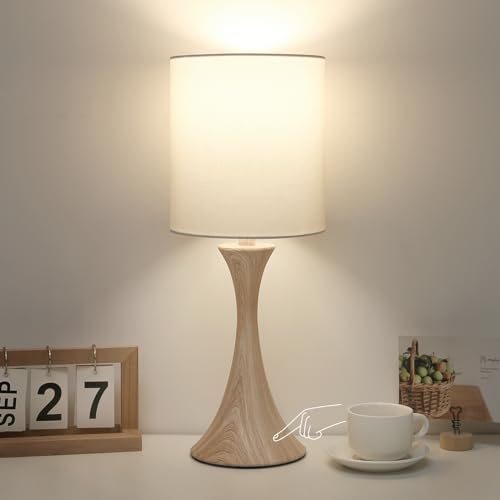 Bedside Touch Lamp, 3 Way Dimmable Touch Control Table Lamp, Wood Grain Farmhouse Table Lamp, Modern Nightstand Lamp with White Shade for Bedroom, Dorm, Office, 3000K LED Bulb Included - color: Wood Grain Base with White Shade