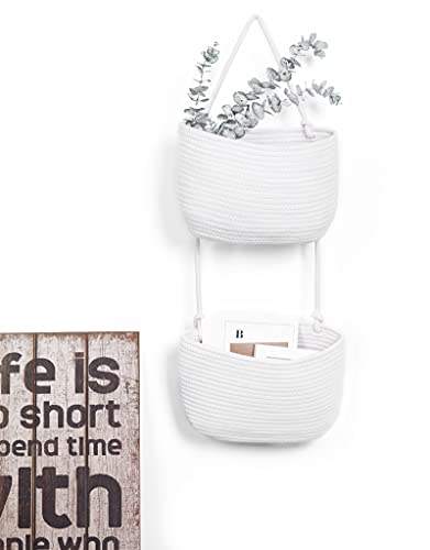 Over The Door Hanging Basket, 2 Tier Cotton Rope Woven Baskets, Magazine Racks, Wall Mount Hanging Storage Baskets,Decorative Door Organizers for Living Room, Bathroom and Bedroom (White) - color: White