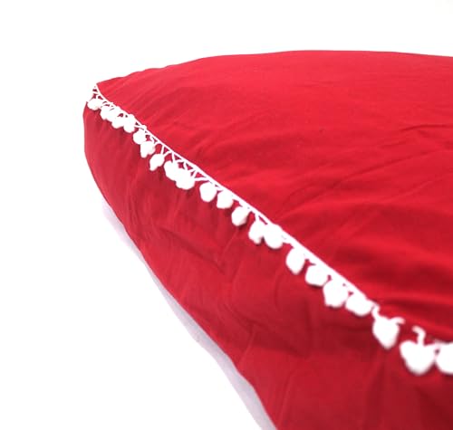 Round Mandala Floor Pillow Cover Seating Cushion Throw Cover Hippie Decorative Bohemian Ottoman Pouf Cover, Pom Pom Pillow Cases,Boho Indian (Red, 18" Square) - color: Red, size: 18"D x 5"W x 18"H