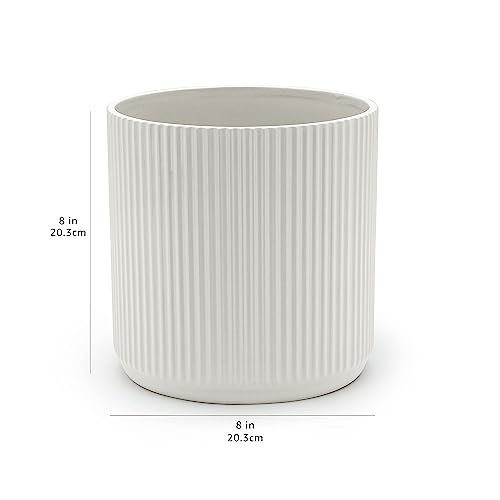 Amazon Basics Fluted Ceramic Planter Pot for Indoor Outdoor Plants, Round Flower Pot with Drainage Hole, 8-inch, White - color: White, size: 8-Inch
