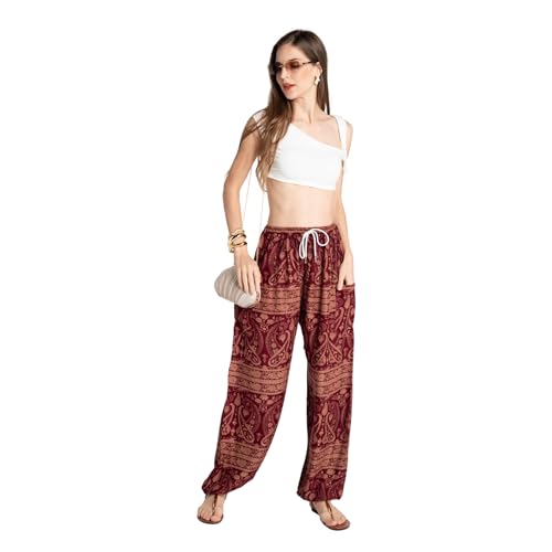 Tranquil Threads Women's Harem Pants with Pockets and Drawstring, Hippie Boho Yoga Clothes - color: Maroon Whisper, size: Medium