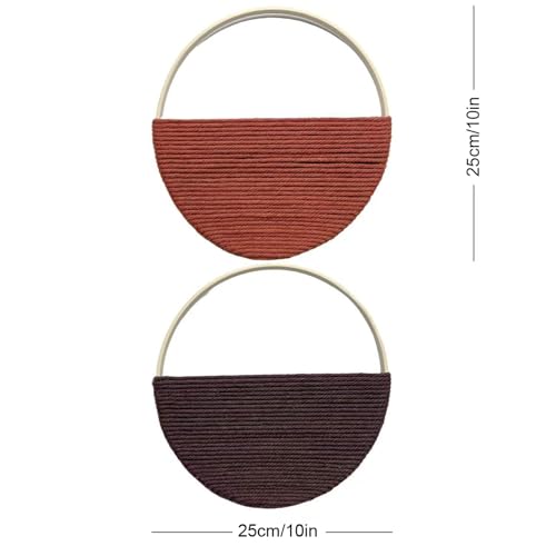 Cilemou 2-Piece 10-inch Round Bamboo Wall Decor with Yarn-Wrapped Half-Circle Design, Rustic Boho Style Wall Hanging for Living Room, Bedroom, Office, and Home Decor - size: 10in(Red,Brown)