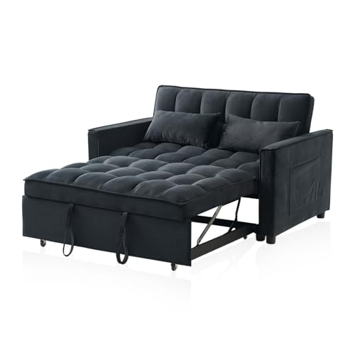 Futon Sofa Bed,Modern 3 in 1 Convertible Sleeper Sofa, Pull Out Couch Bed with Adjustable Backrest, Storage Pockets and Toss Pillows for Living Room, Bedroom (Black) - color: Black