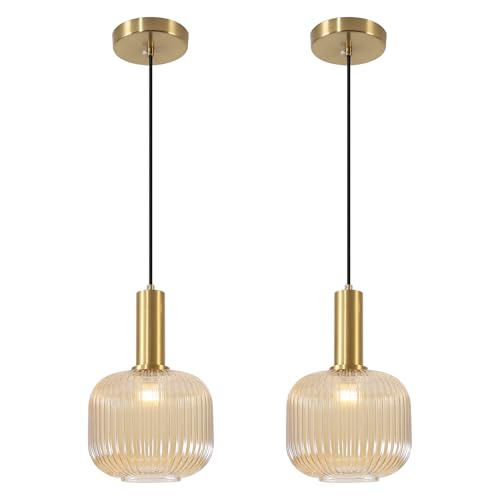 BOKT Modern 2-Pack Glass Pendant Lights Open Amber Ball Ceiling Pendant Lighting Fixture Adjustable Cord Hanging Light Lights Set of Two for Kitchen Island Entryway Dining Room - color: Amber-2 Pack
