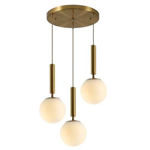 BOKT Modern 3 Light Cluster Pendant Lights Kitchen Island Mid Century Adjustable Brushed Gold Globe Chandelier Pendant Light Fixture Retro Vintage Milk White Glass Round Multi Hanging Ceiling Light - color: Gold-3Light