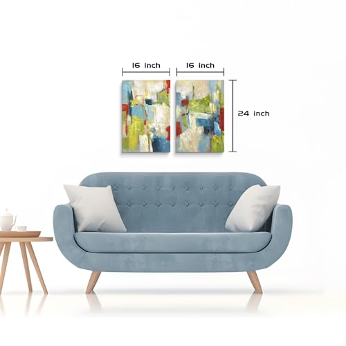 ArtSquare Abstract Canvas Wall Art: Hand Painted Colorful Graffiti Prints 2 Pieces Green Blue Textured Painting for Office - color: colorful, size: 24”x16”x2
