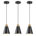Dijiahua Black Kitchen Pendant Lighting Over Island 3 Pack,Small Modern Farmhouse Chandeliers with Hammered Metal Cone Shade,Mini Industrial Adjustable Cord Hanging Ceiling Lamp Fixtures Over Sink - color: Black and Wood