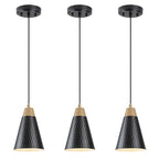 Dijiahua Black Kitchen Pendant Lighting Over Island 3 Pack,Small Modern Farmhouse Chandeliers with Hammered Metal Cone Shade,Mini Industrial Adjustable Cord Hanging Ceiling Lamp Fixtures Over Sink - color: Black and Wood
