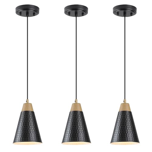 Dijiahua Black Kitchen Pendant Lighting Over Island 3 Pack,Small Modern Farmhouse Chandeliers with Hammered Metal Cone Shade,Mini Industrial Adjustable Cord Hanging Ceiling Lamp Fixtures Over Sink - color: Black and Wood