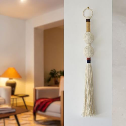 IOWER Macrame Wall Hanging Boho Decor Yarn Wall Art Small Sphericity Cotton Textile Tassel Hanging Fiber Art for Living Room Bedroom 27'' L x 2.3'' W - color: Ivory1