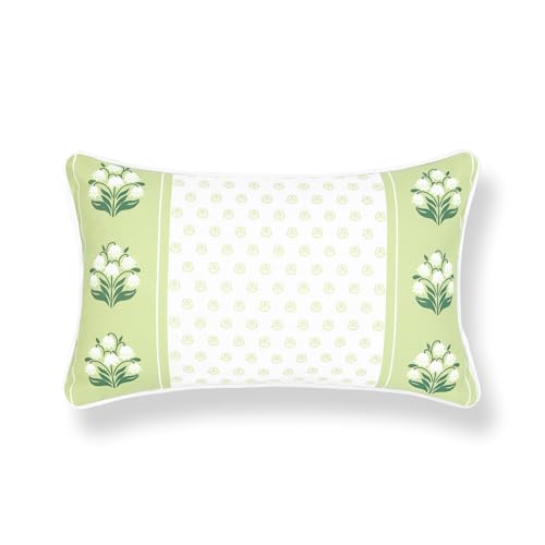 Hofdeco Premium Grandmillennial Coastal Hampton Patio Indoor Outdoor Lumbar Pillow Cover Only, 12"x20" Water Repellent for Backyard, Couch, Poolside, Green Print Block Print Striped Lily of the Valley - color: Grass Green Block Print Striped Lily of the V