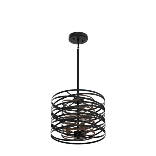12.6'' Farmhouse Chandeliers for Dining Room, 3-Light Industrial Metal Hanging Light Fixture, Rustic Drum Pendant Light for Entryway Kitchen Foyer Bedroom, Black with Retro Wood Texture Interior - color: Black with Retro Wood Texture Interior, size: 12.6"