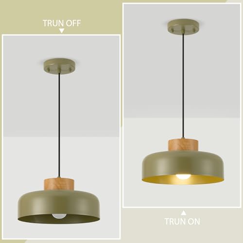 Mid-Century Modern Pendant Light,12.6" Natural Wood & Olive Green Metal Shade,Adjustable Kitchen Island Dining Room Lighting Fixture - color: Olive Green, size: 12.6 inches