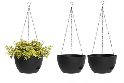 Hanging Planters 3-Pack, 8 Inch Self-Watering Hanging Pots with Drainage Hole and Chains, Plastic Planters for Indoor Outdoor（Black） - color: Black, size: 8 inches