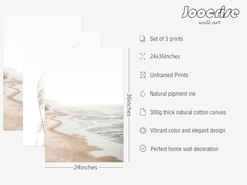 Joocrise Beach Wall Art Boho Prints Coastal Canvas Wall Art Beach Pictures Pampas Grass Ocean Poster Plant Landscape Scene Artwork for Living Room Bedroom Decor 24x36 Inch Unframed Set of 3 - color: Beach Art Prints, size: 24x36 Inch Unframed