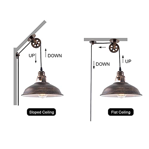 Plug in Pendant Light Industrial Pulley Pendant Lamp E26 Vintage Hanging Light Fixture With 16.4ft Cord On/Off Switch For Pool Table,Houseplant Grow lights,Kitchen Island,Sink 2 Pack Aged Bronze - color: Bronze