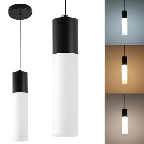Kitchen Island Pendant Lights LED Black Small Pendant Light 12W with Milky White Lampshade Modern Ceiling Hanging Lamp for Bedroom Bedside Dining Room Table Bathroom, 1 Pack, 3000K-6000K - color: Black, size: 1-Light 1-Pack