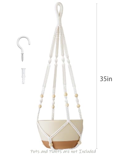 35 Inch Macrame Plant Hanger Indoor with Wood Beads and No Tassels,Strong Hanging Planter Flower Pot Holder for Indoor Outdoor Boho Home Decor,Set of 1,Ivory(Pots Not Included)