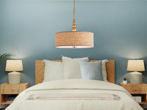 Shrine Lighting Drum Chandeliers, Farmhouse Style, Perfect Drum Pendant Light for Dining Room, D20'' x H7'', Adjustable Chains 59'', E26*3 Sockets, Beige Linen Fabric Lampshade & Gold Rod - color: Beige&Gold D20''