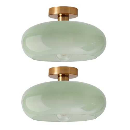 Mid Century Ceiling Light Milk Glass Ceiling Light fixtures Round Dome Shade Gold Brass Modern Semi Flush Mount Ceiling Light, Milk Green Ceiling Lamp for Hallway Dining Room Kitchen - color: Flush Milk Green 2