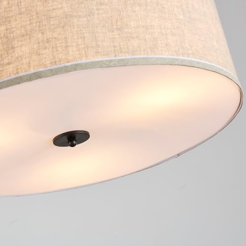 Shrine Lighting Drum Chandeliers, Farmhouse Style, Perfect Drum Pendant Light for Dining Room, D21'' x H8'', Adjustable Chains 59'', E26*3 Sockets, Beige Linen Fabric Lampshade & Black Rod - color: Beige&Black D20''