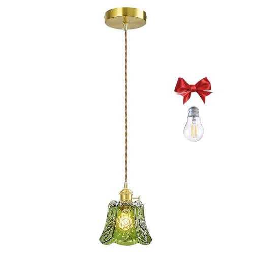 Green Wind Chime Glass Pendant Light, 1 Natural Light Bulb Included, Adjustable Cord with Switch, Hanging Lamp for Kitchen Island/Dining Room - color: Green 1pc Flower Pendant Light