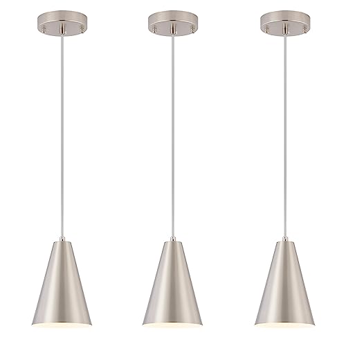 Brushed Nickel Pendant Lights Kitchen Island,Dining Room Light Fixtures Over Table 3 Pack with Silver Cone Metal Shade, Modern Farmhouse Small Chandeliers,Adjustable Cord Hanging Lighting for Sink - color: 3Pack Brushed Nickel