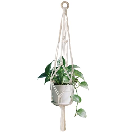 28 inch Plant Hanger Indoor Hanging Planter Basket with Wood Ring Decorative Flower Pot Holder No Tassels for Outdoor Boho Home Decor, Ivory Color, Set of 1