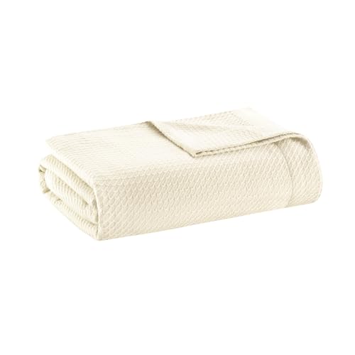 Madison Park 100% Egyptian Cotton Lightweight Summer Blanket, Breathable Waffle Knit Design, Soft Cozy All-Season Throw for Bed, Couch or Sofa, Ivory Cream Twin Size (66"x90") - color: Cream, size: Twin