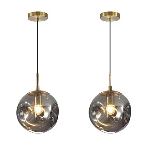 Modern Smoke Gray Concave Glass Pendant Light, 2-Pack Kitchen Island Lighting Single Globe Pendant Light Fixtures Century Kitchen Island Pendant Light for Bedroom Dining Room Light (Without Bulbs) - color: AX-Smoky Gray-1 Light-2PC