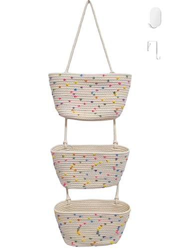 3-Tier Woven Cotton Rope Hanging Basket, Over the Door Organizer, Adjustable Detachable Wall Basket with Metal & Adhesive Hooks, No Drilling for Playroom, Kids Bedroom & Nursery Toy Storage - style: Colorful Dots