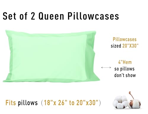 Sunflower Queen Pillowcases Set of 2, 100% Cotton Queen Size Pillow Cases 2, 20×30 inches Green Ash, Soft and Breathable - color: Green Ash, size: Queen (20"x30")