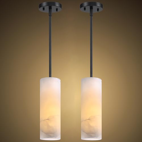 1 Light Hanging Natural Alabaster Marble 2 Pack Pendant Ceiling Light Fixture,Modern Industrial Farmhouse Kitchen Island Light Black Finish Over Sink Restaurant bar Corridor - color: Black 3.2" Marble, size: 2 Pack