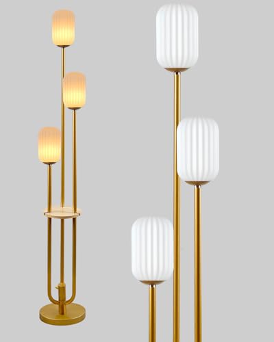 Floor Lamp for Living Room, Dimmable Vintage Floor Lamp with Shelf & LED Bulbs, 3 Light 3000K Soft Warmwhite Mid Century Standing Lamp, Tall Lamps with 5Lbs Heavy Base for Bedroom Office - color: Oval-Gold