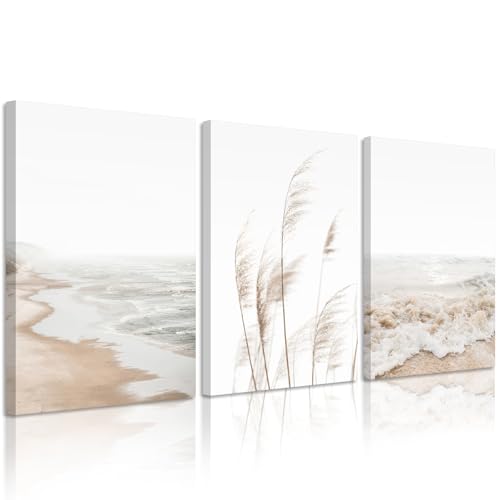 Joocrise Beach Wall Art Boho Prints Coastal Canvas Wall Art Beach Pictures Pampas Grass Ocean Poster Plant Landscape Beach Scene Artwork for Living Room Bedroom Decor 12x16x3 Inch Wrapped Canvas - color: Beach Art Prints, size: 12x16 Inch Wrapped Canvas