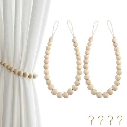 Hion 2 Pcs Boho Curtain Tiebacks,Wood Beads Curtain Holdbacks,Outdoor Farmhouse Tie Backs for Curtains,Curtain Holders for Drapes Home Office Decor with Hooks(Wood Color) - color: Wood Color, size: 2 Pack