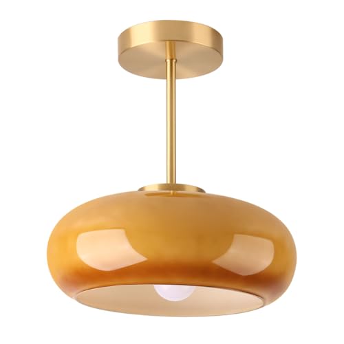 Brass Modern Hallway Ceiling Light - Orange Glass Ceiling Lamp with Dome Shade, Gold Mid Century Semi Flush Mount, Bedroom Entrance Light Fixture - color: Orange